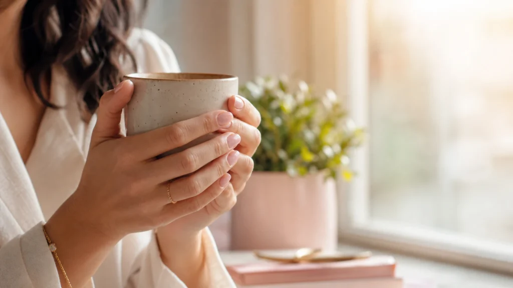 窓辺でコーヒーを持つ女性の手、継続と信頼を積み重ねるイメージ